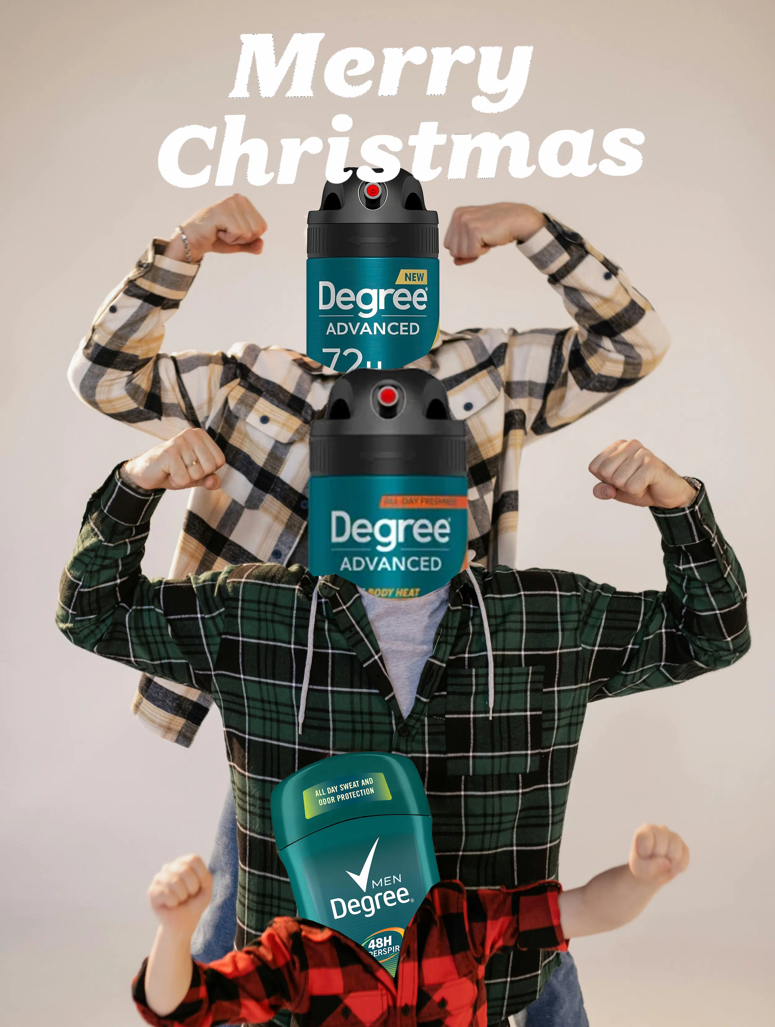 Three people pose with arms flexed, but their heads are replaced with Degree deodorant containers. Merry Christmas is written at the top in white text. They wear plaid shirts and stand against a neutral background.